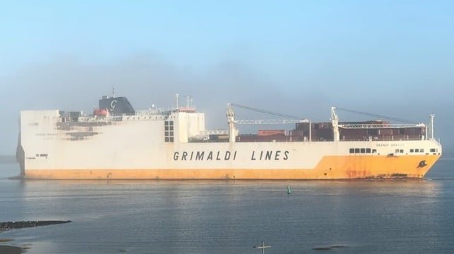 Fire knocks out power on Grimaldi Euromed car carrier; tow and inspection under way