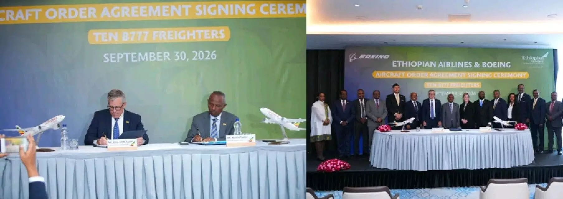 Brad McMullen, SVP Global Sales and Marketing, Boeing, and Mesfin Tasew, CEO Ethiopian Airlines Group, at the signing ceremony in Addis Ababa