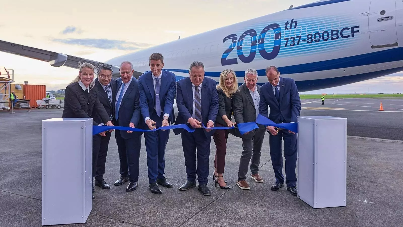 Representatives of Chisholm Enterprises, Texel Air, BBAM, the Civil Aviation Authority of New Zealand, New Zealand First Party and Boeing at the 200th Boeing 737-800BCF delivery ceremony in Auckland, New Zealand.