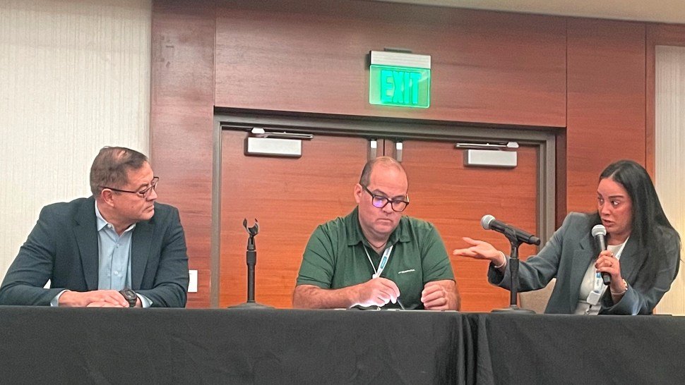 Carime Duck, Ricardo Malacara and Ben Enriquez during the Nearshoring Update panel at Trimble Insight 2026