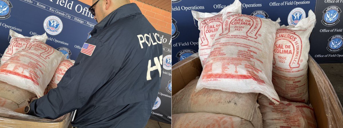An HSI officer examines bags associated with the methamphetamine seizure at Laredo’s World Trade Bridge.