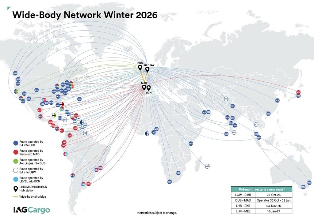 IAG Cargo Network Map showing international air freight routes