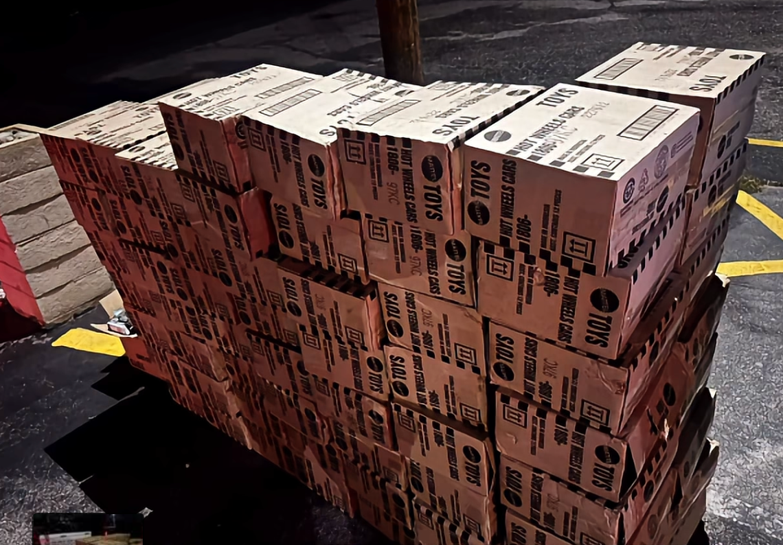 Recovered cartons of Hot Wheels toy cars during the October 22 cargo theft investigation in Colton, California