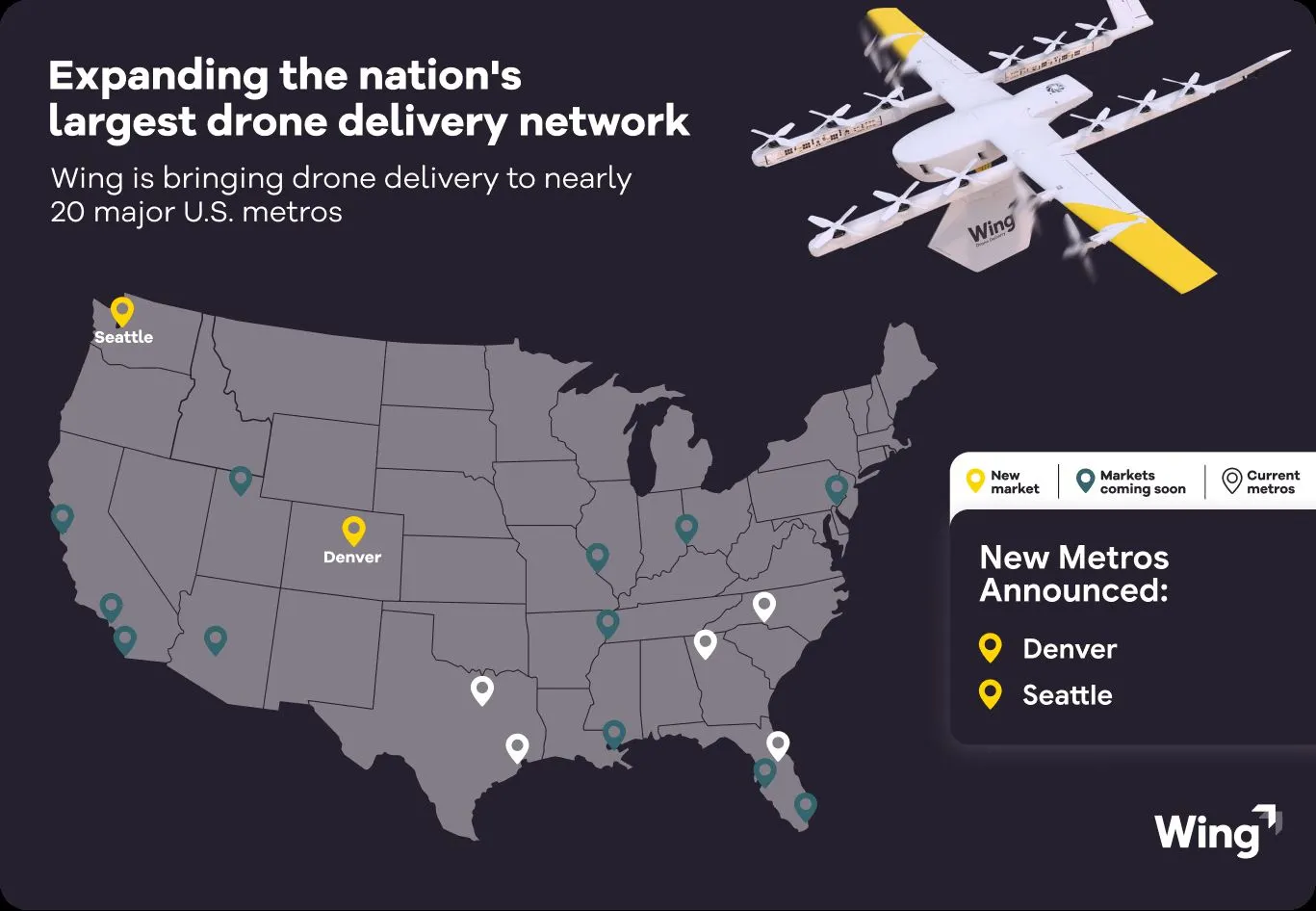 Map of Walmart and Wing's existing drone delivery markets and planned expansion locations