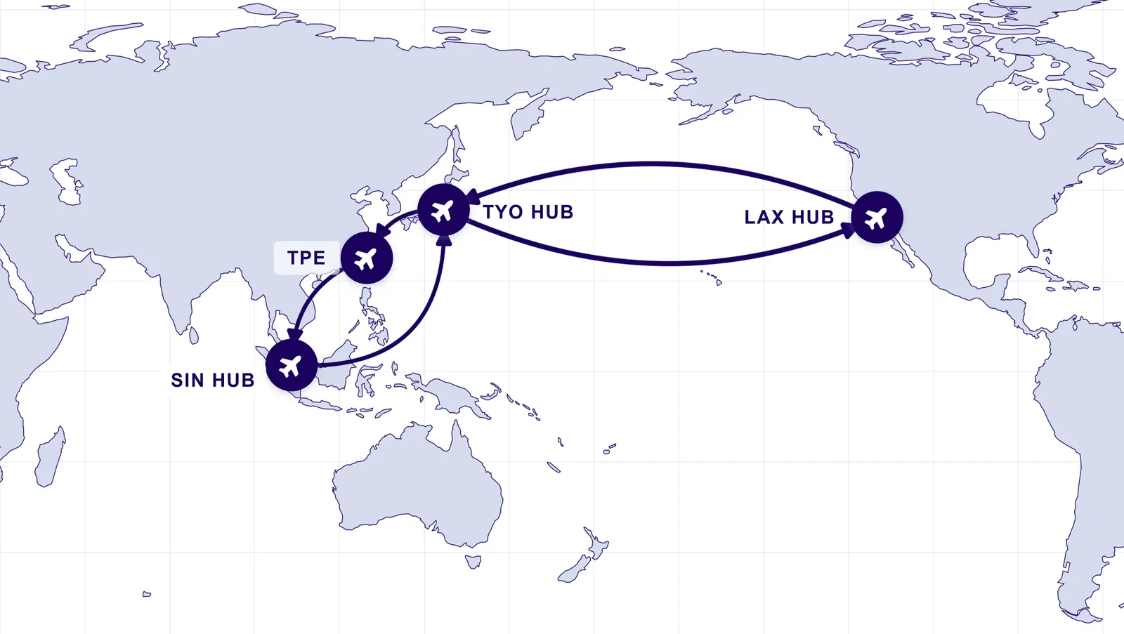 Map of Nippon Express and Japan Airlines' North America–Asia and intra-Asia air cargo routes